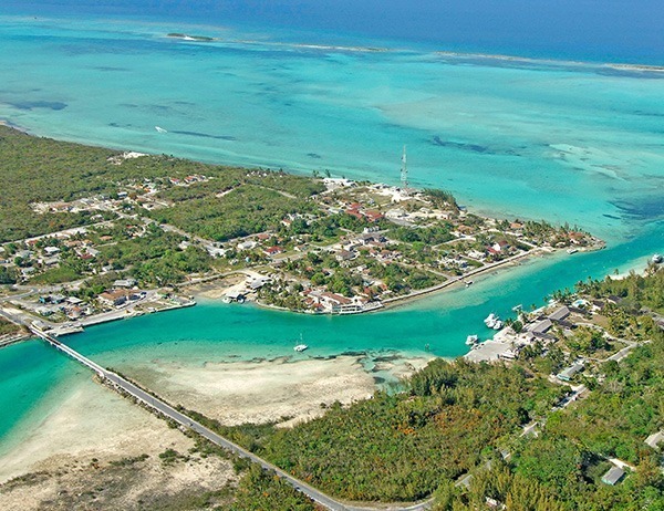 An aerial view of a small town in the Gulf of Mexico, offering Bahamas Travel experiences to tourists.