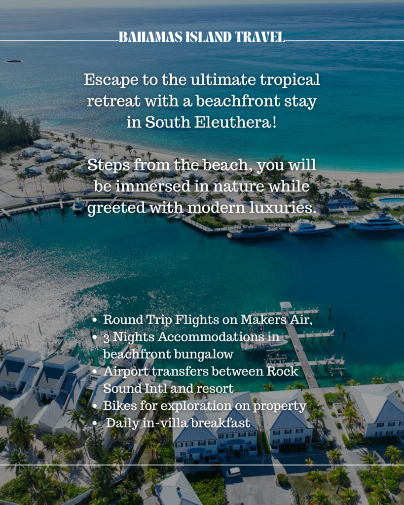 Aerial view of a beachfront resort in Eleuthera with villas, boats docked at the marina, and palm trees along the shoreline under blue skies; promotional travel text highlights stunning Eleuthera rentals.